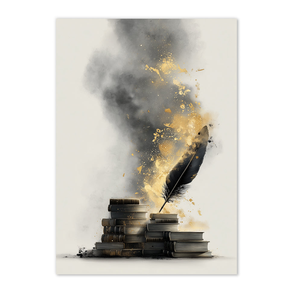 Artistic depiction of a feather and books with gold accents on a white background