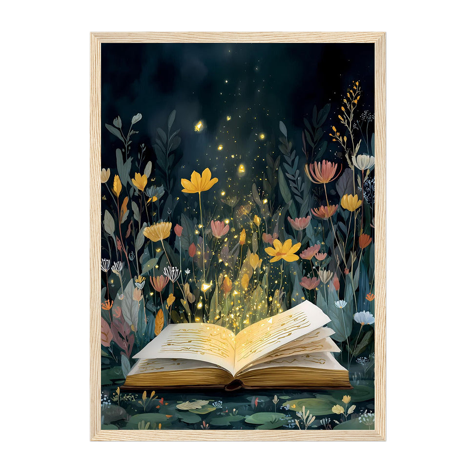 Fireflies Book Art Print: Enchanted Reading Nook Fantasy Illustration