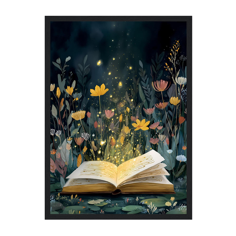 Fireflies Book Art Print: Enchanted Reading Nook Fantasy Illustration