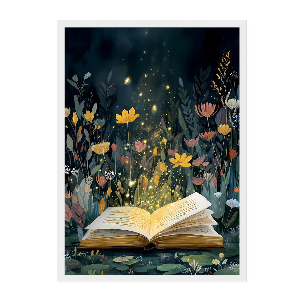 Fireflies Book Art Print: Enchanted Reading Nook Fantasy Illustration