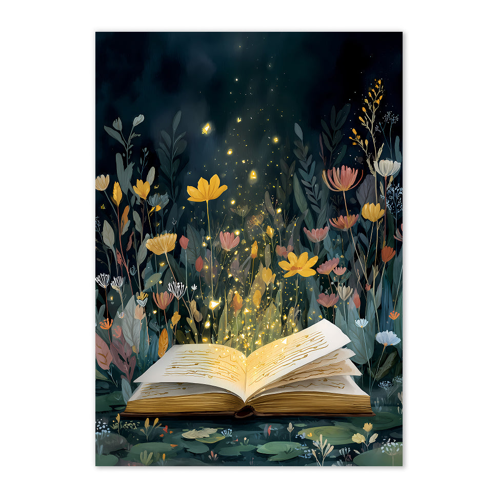 Fireflies Book Art Print: Enchanted Reading Nook Fantasy Illustration