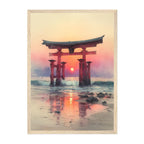 Japanese Torii Gate Art Print: Sunset Reflection Seascape in Warm Pastel Tones