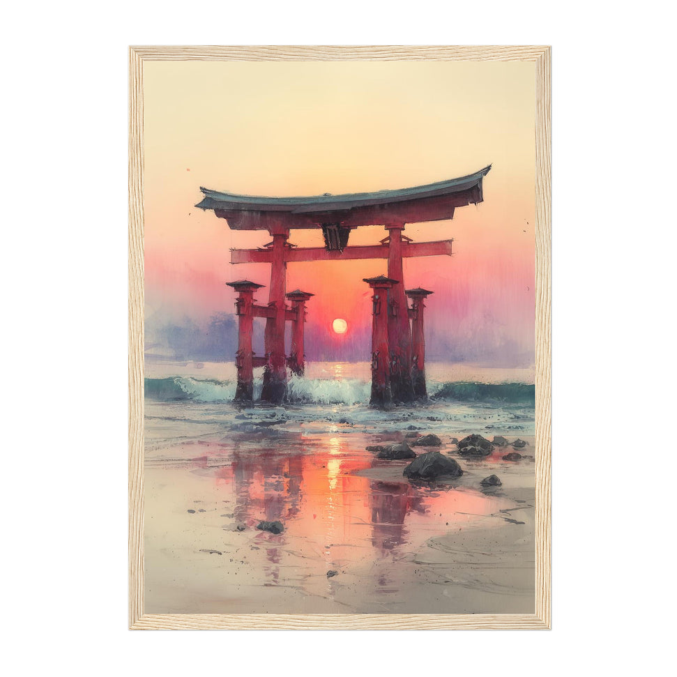 Japanese Torii Gate Art Print: Sunset Reflection Seascape in Warm Pastel Tones