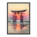 Japanese Torii Gate Art Print: Sunset Reflection Seascape in Warm Pastel Tones