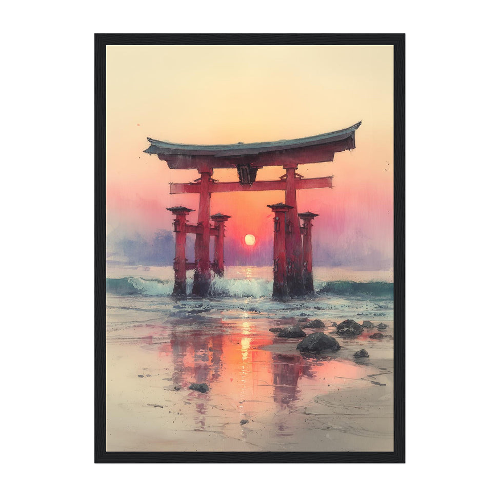 Japanese Torii Gate Art Print: Sunset Reflection Seascape in Warm Pastel Tones