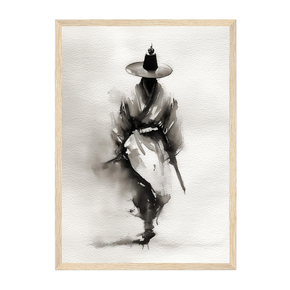Korean Ink Wash Wall Art Print Traditional Hanbok Man Calligraphy Style Painting Asian Decor Gift for Him Minimalist Home Study Office