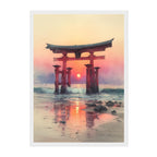 Japanese Torii Gate Art Print: Sunset Reflection Seascape in Warm Pastel Tones