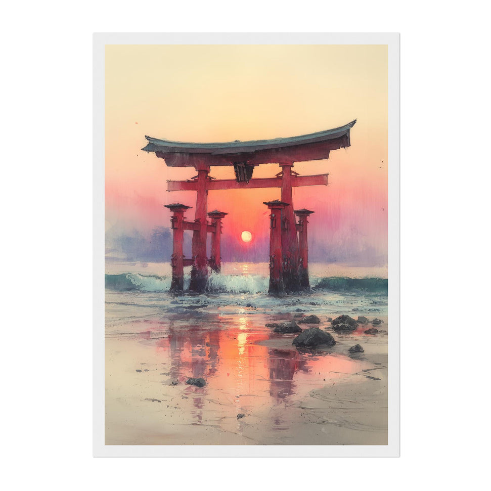 Japanese Torii Gate Art Print: Sunset Reflection Seascape in Warm Pastel Tones