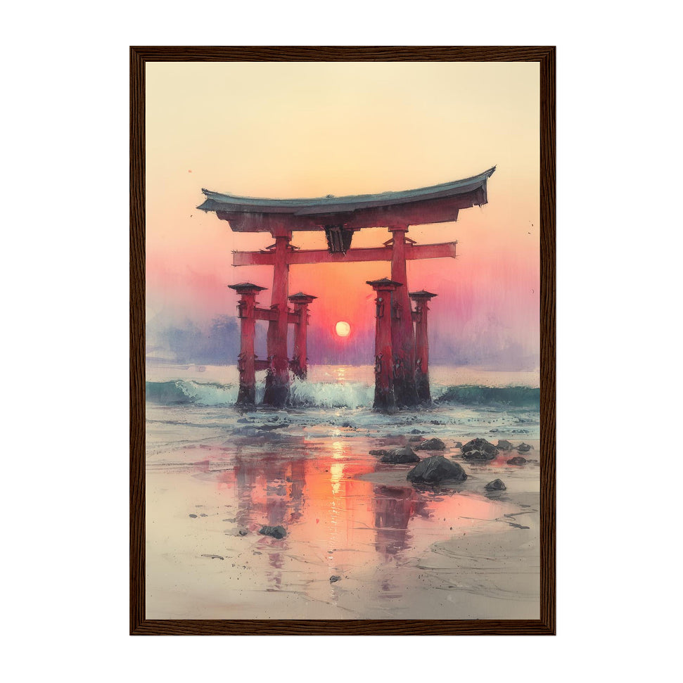 Japanese Torii Gate Art Print: Sunset Reflection Seascape in Warm Pastel Tones