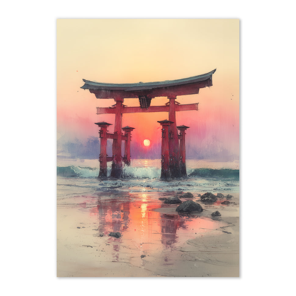 Traditional Japanese torii gate at sunset on a beach