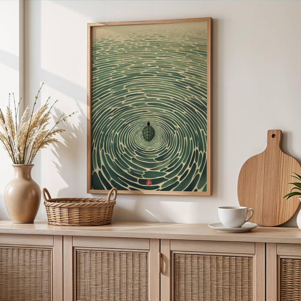 A framed art print featuring a green and beige ripple pattern with a central dark shape, hanging on a light beige wall above a wooden cabinet styled with a vase, basket, cutting board, and cup.