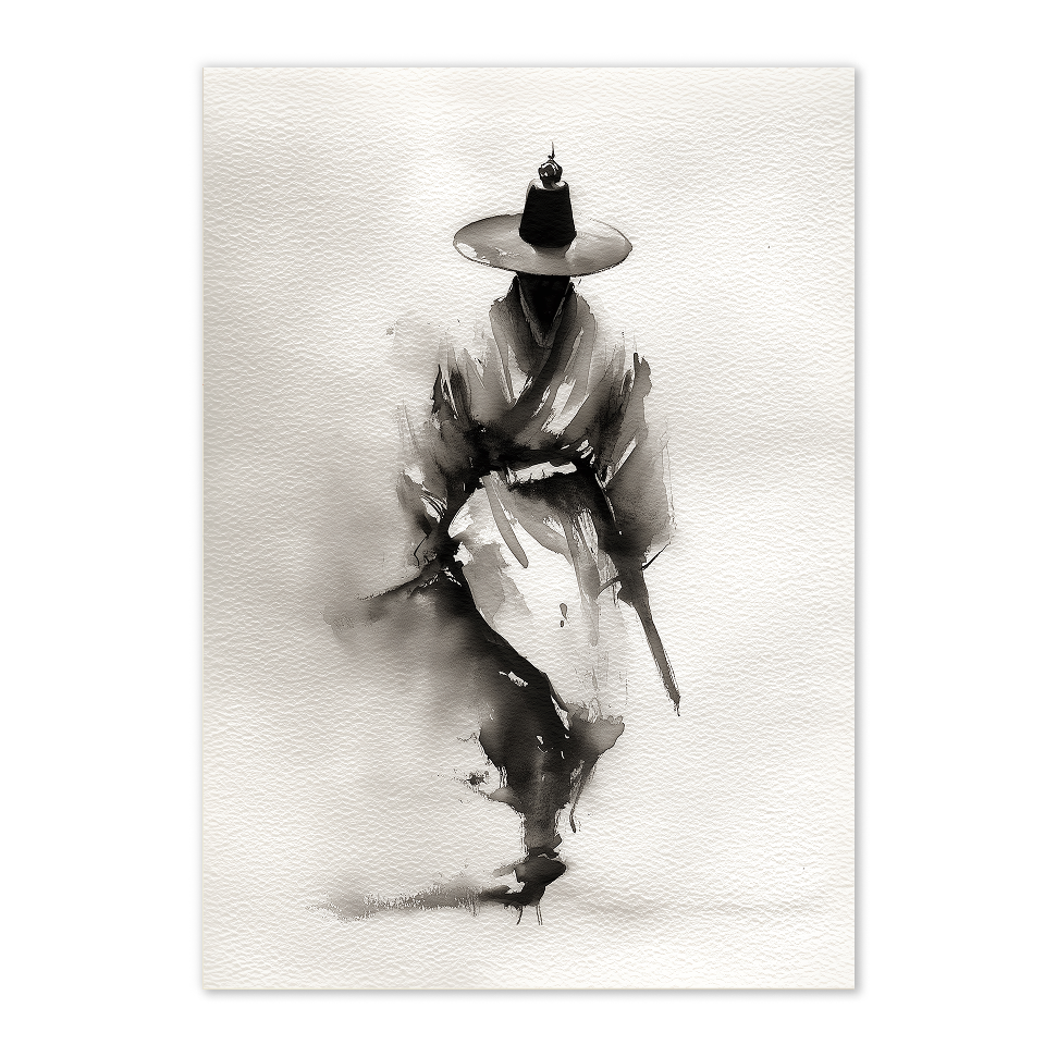 Black and white painting of a Korean man in traditional hanbok with a wide-brimmed hat on a textured white background