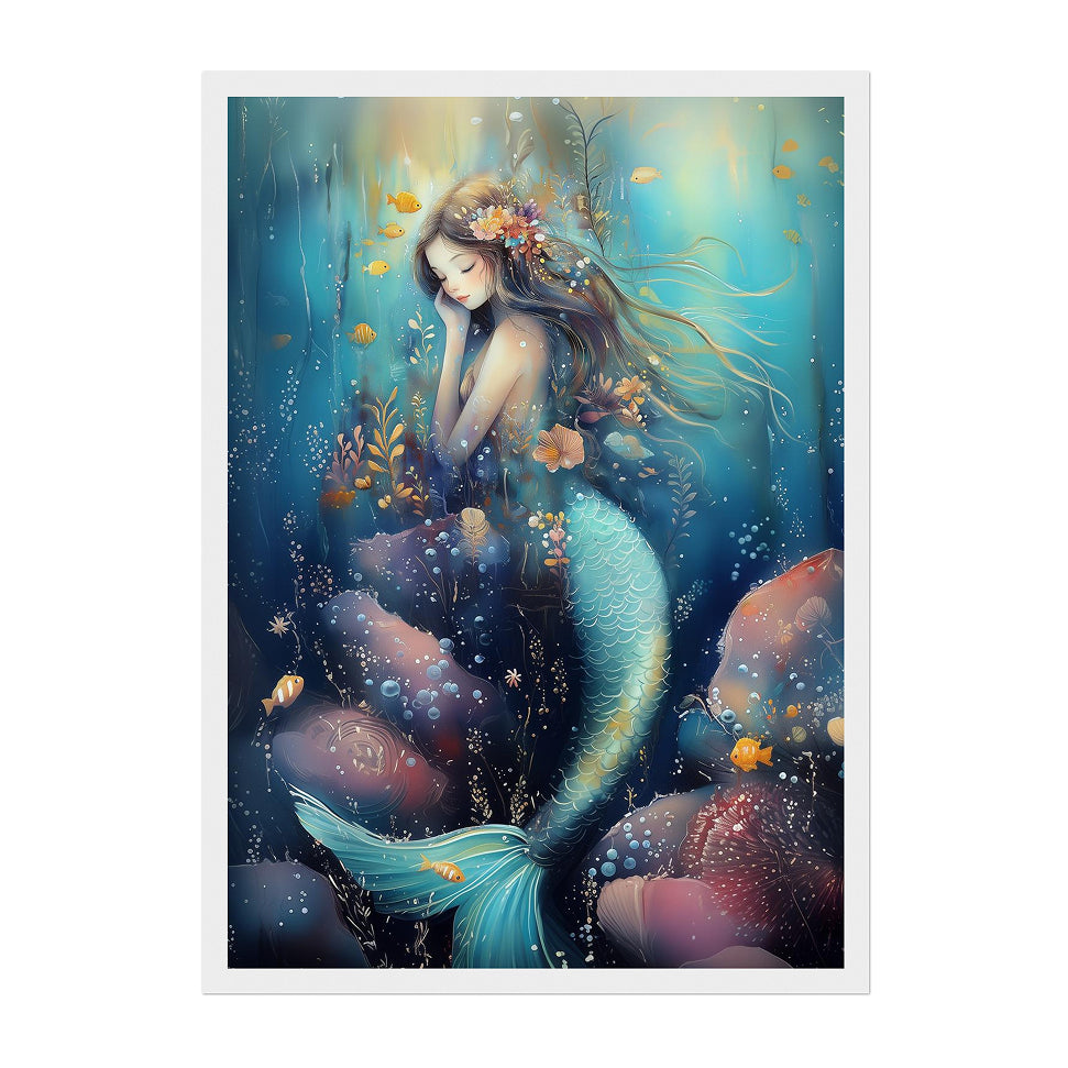 Fantasy Mermaid Art Print: Dreamy Teal Underwater Fairy Tale Portrait