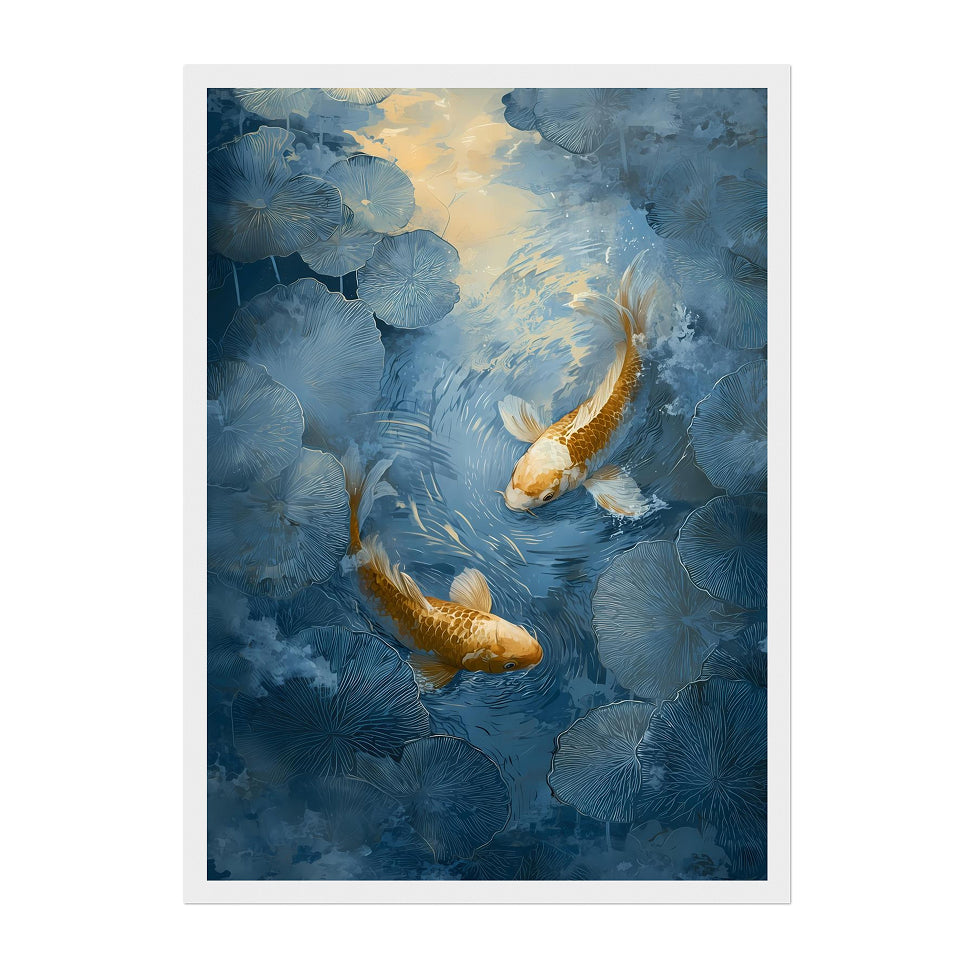 Golden Koi Fish Art Print: Japanese Water Garden Zen Decor