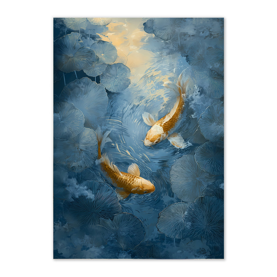 Golden Koi Fish Art Print: Japanese Water Garden Zen Decor