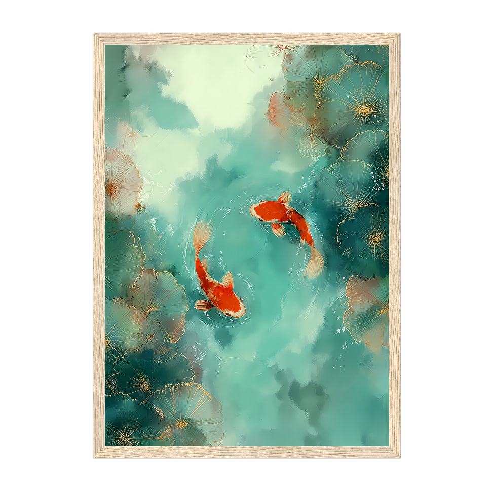 Japanese Koi Fish Art Print: Teal Red Serene Water Pond Scene