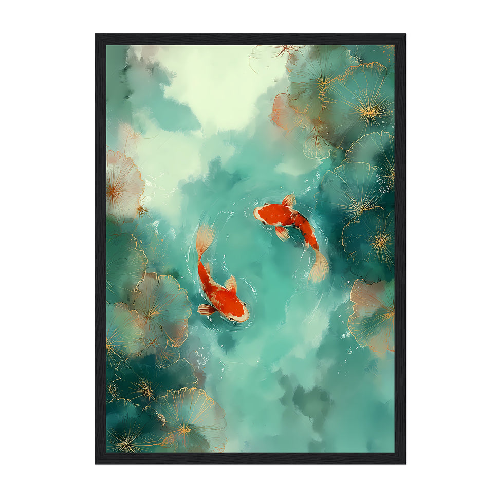 Japanese Koi Fish Art Print: Teal Red Serene Water Pond Scene
