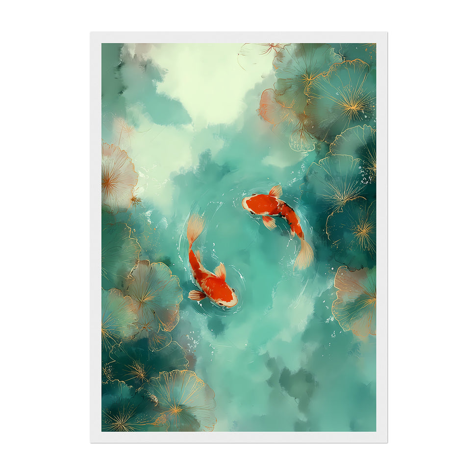 Japanese Koi Fish Art Print: Teal Red Serene Water Pond Scene