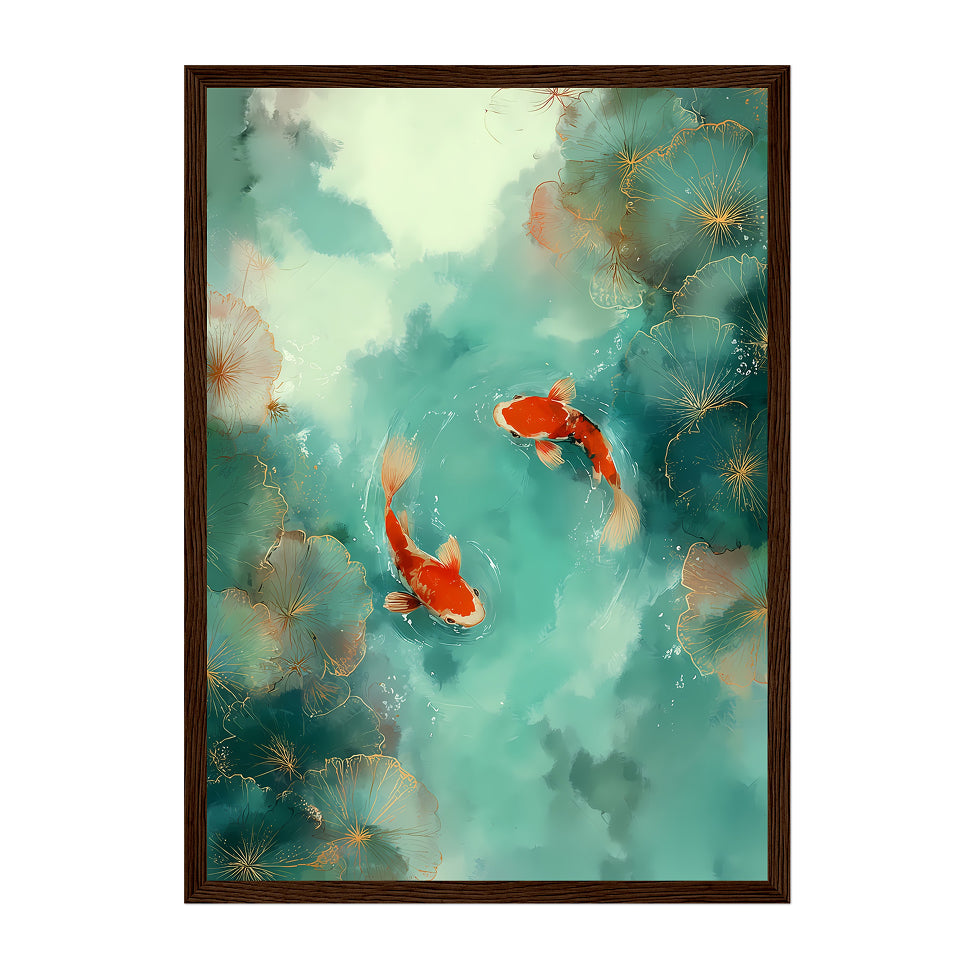 Japanese Koi Fish Art Print: Teal Red Serene Water Pond Scene