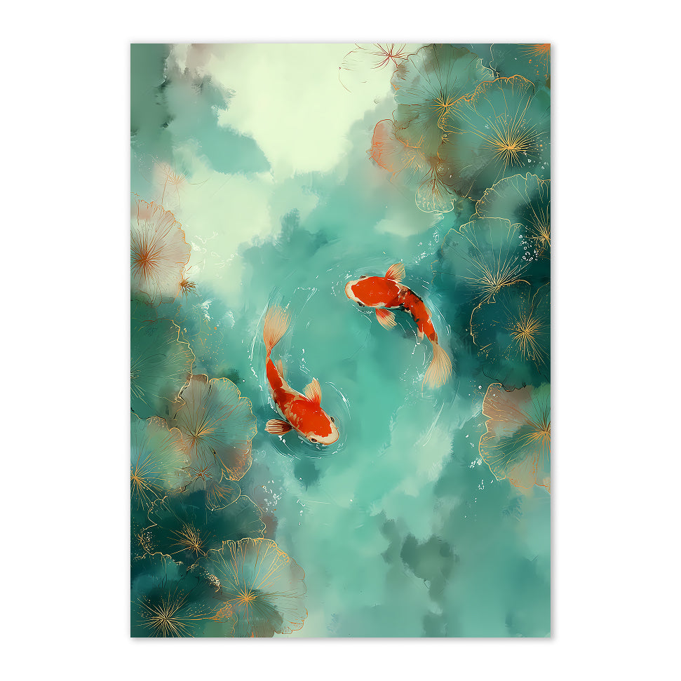 Artistic depiction of goldfish swimming in a pond with water lilies.