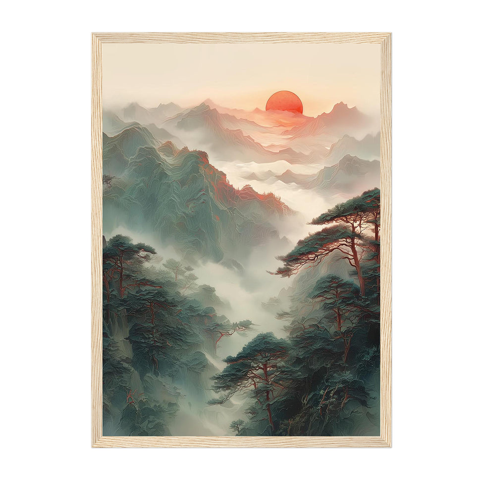 Misty Mountain Sunrise Art Print: Tranquil Asian Zen Landscape