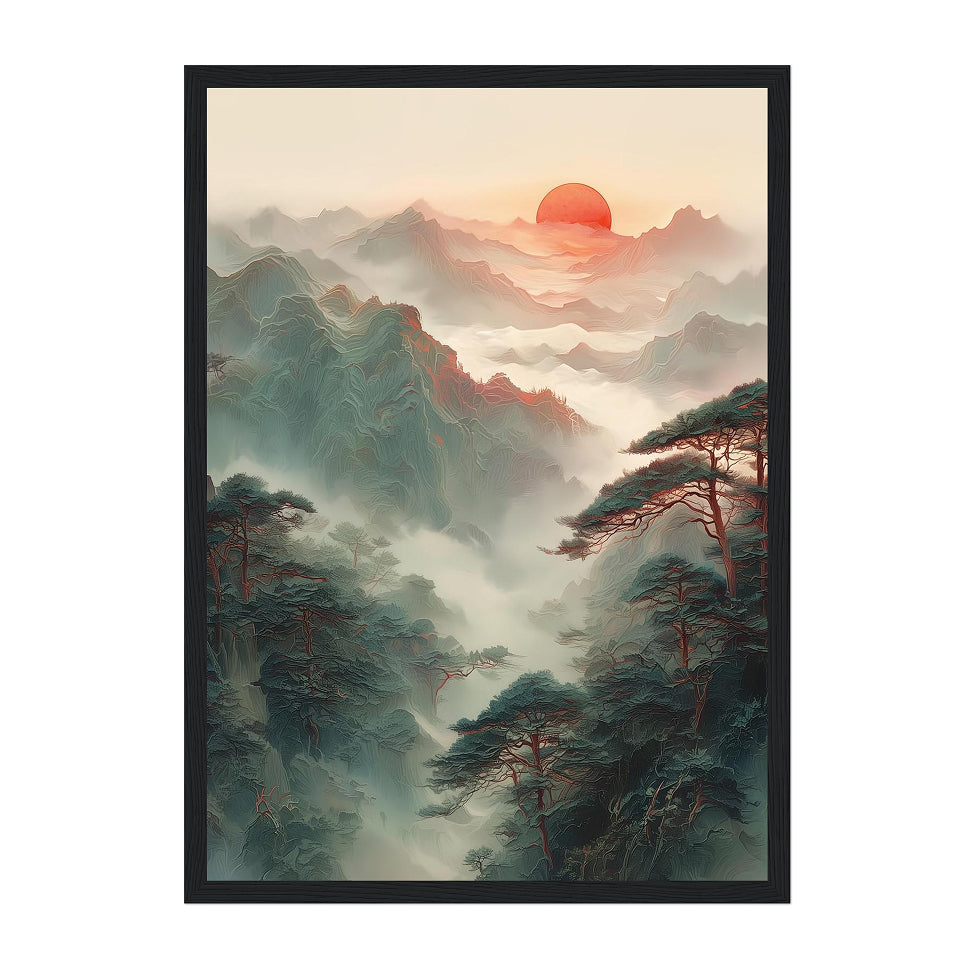 Misty Mountain Sunrise Art Print: Tranquil Asian Zen Landscape