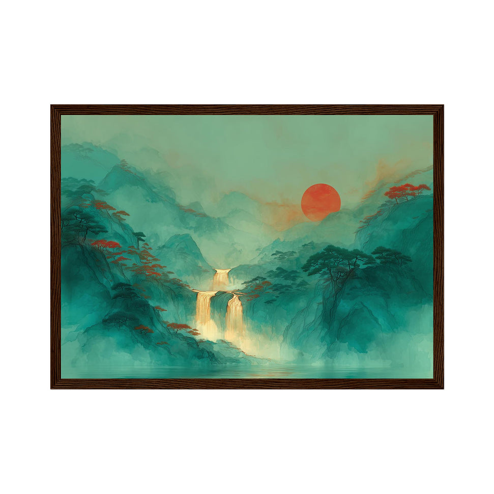 Asian Waterfall Art Print: Green Mountain Sunset Landscape