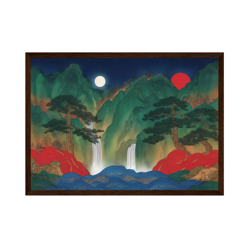 Korean Landscape Art Print: Five Peaks, Waterfall, Sun & Moon