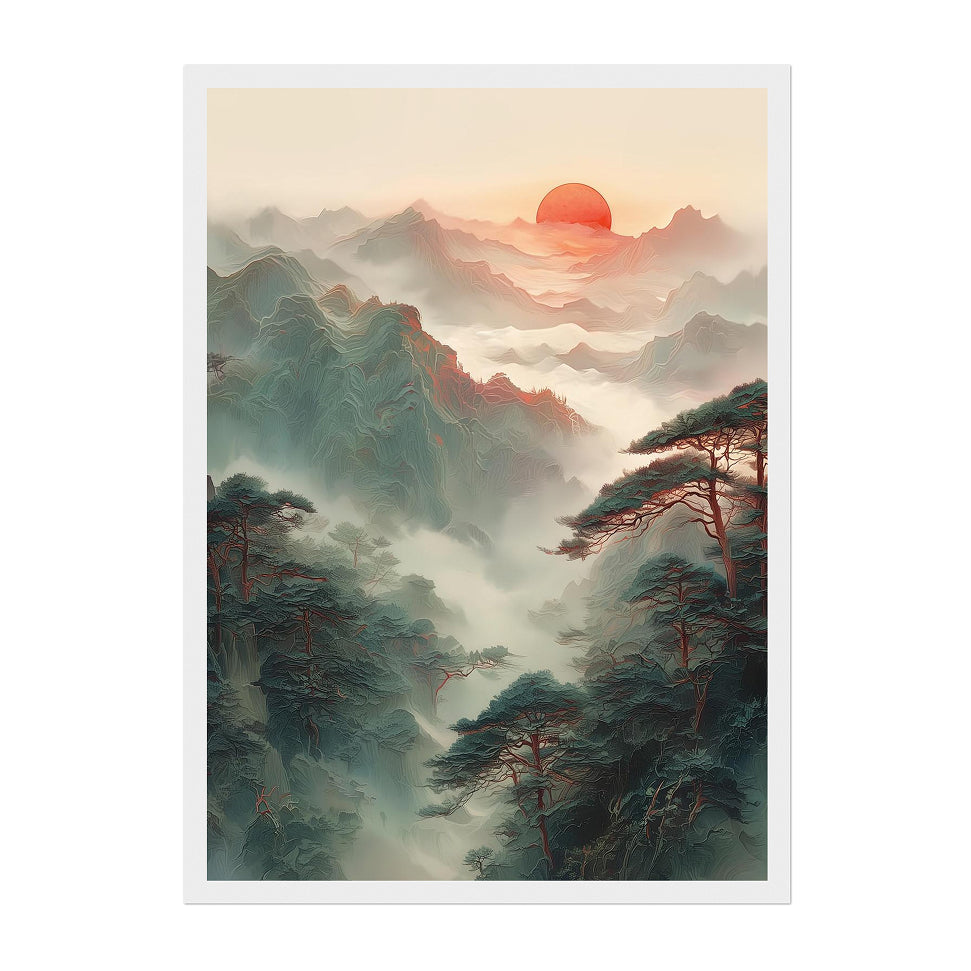 Misty Mountain Sunrise Art Print: Tranquil Asian Zen Landscape