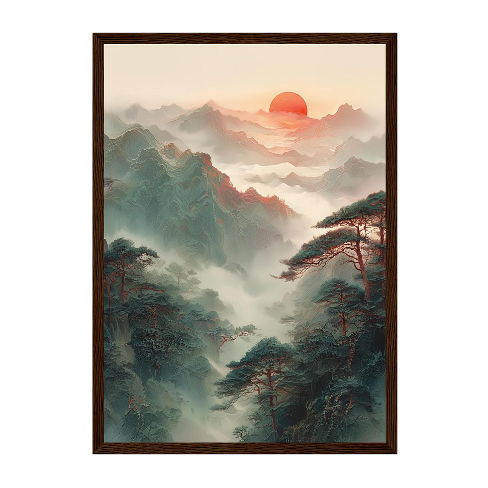 Misty Mountain Sunrise Art Print: Tranquil Asian Zen Landscape
