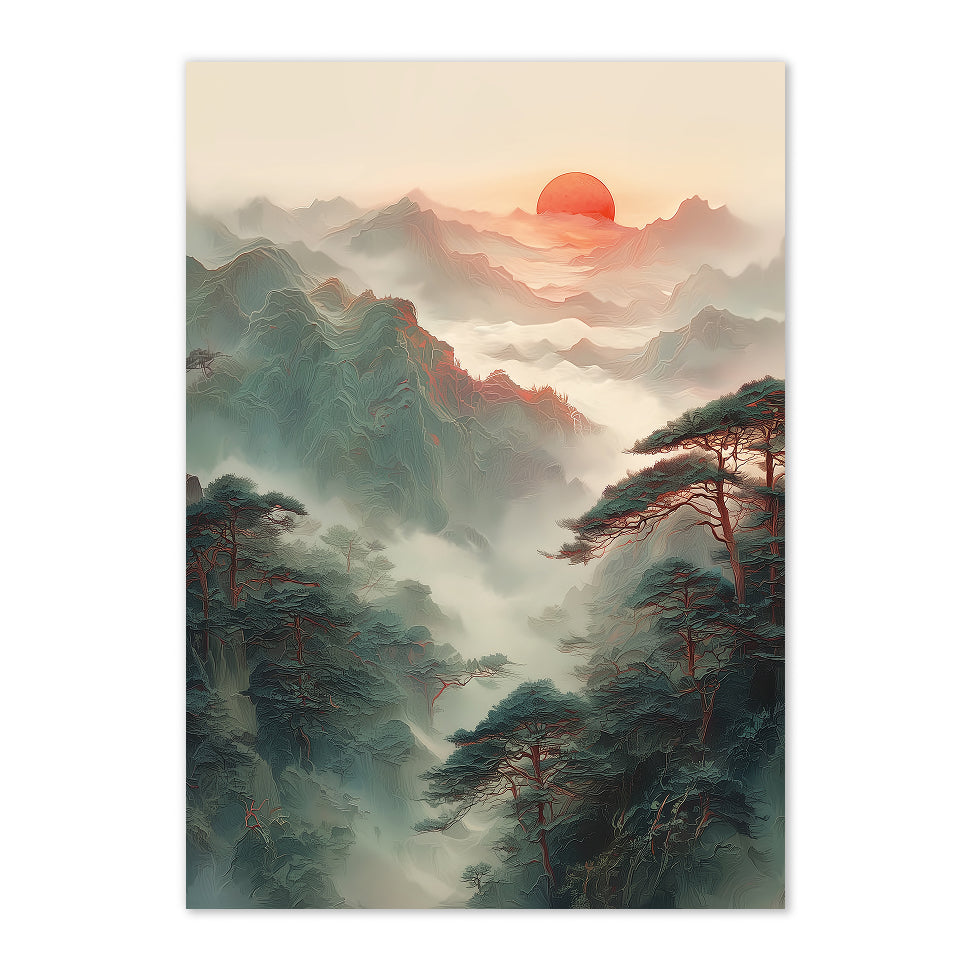 Mountain landscape with a red sun in the sky
