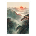 Mountain landscape with a red sun in the sky
