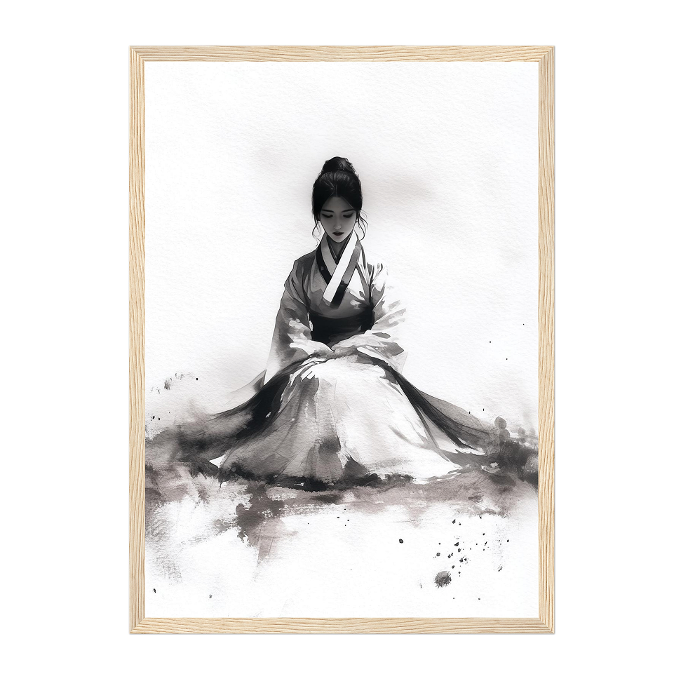 Korean Ink Portrait Art Print: Monochrome Traditional Hanbok Woman