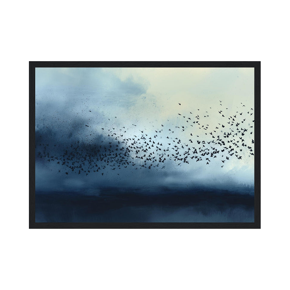 Abstract Ink Wash Crow Murmuration Art Print: Deep Blue Atmospheric Sky