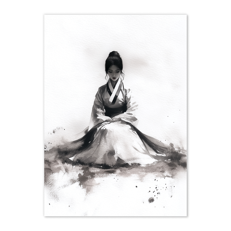 Artistic depiction of a women in traditional hanbok with black and white brush strokes on a white background