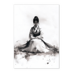 Artistic depiction of a women in traditional hanbok with black and white brush strokes on a white background