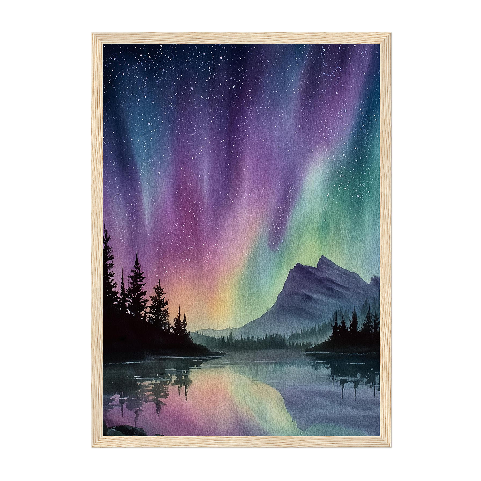 Watercolor Aurora Landscape Art Print: Purple Green Night Sky and Mountain Reflection