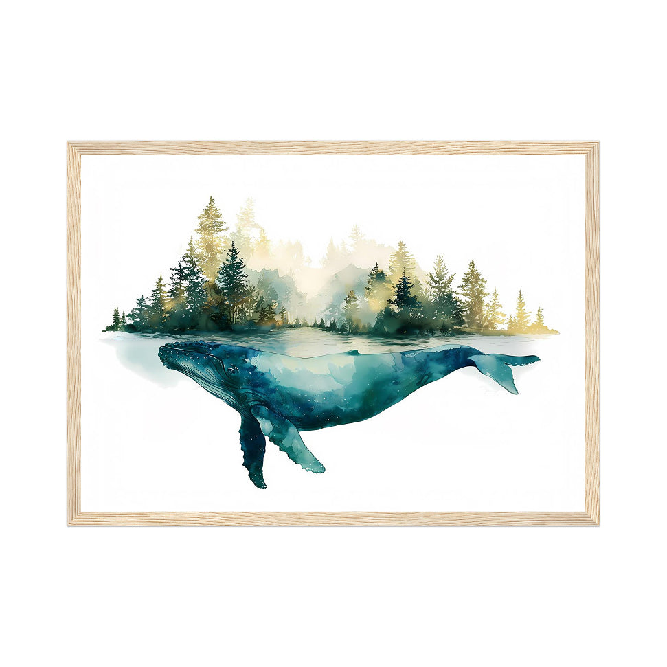 Framed artwork of a whale emerging from water with trees in the background