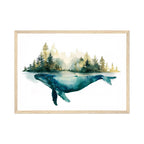 Framed artwork of a whale emerging from water with trees in the background