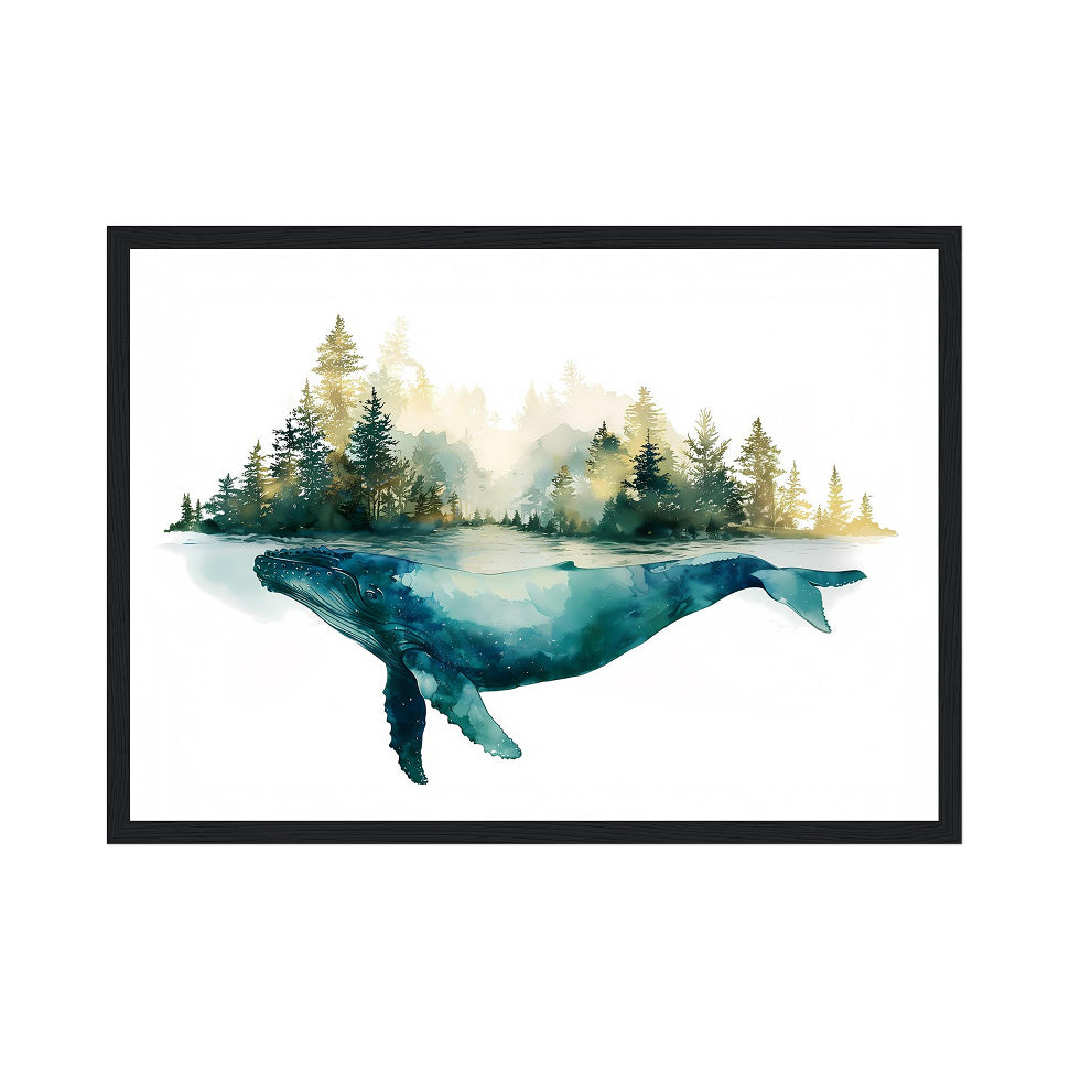 Framed artwork of a whale emerging from water with trees in the background