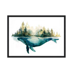 Framed artwork of a whale emerging from water with trees in the background