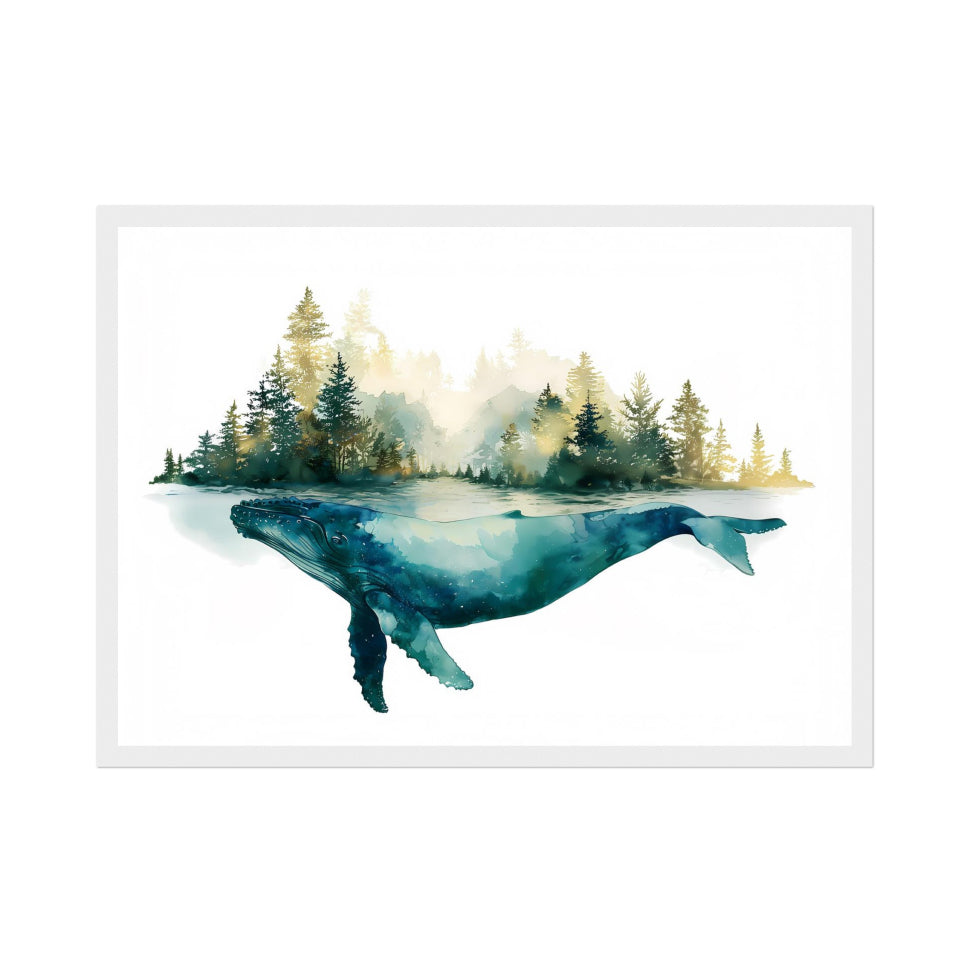 Framed artwork of a whale emerging from water with trees in the background