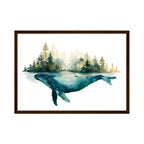 Framed artwork of a whale emerging from water with trees in the background