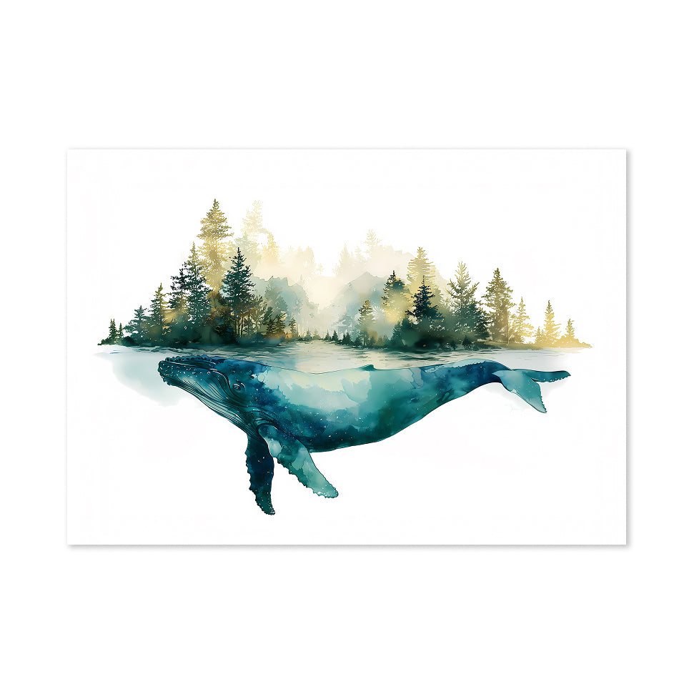 Whale emerging from water with a forest in the background