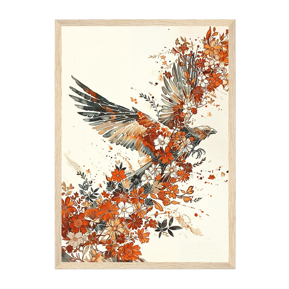 Botanical Watercolor Hawk Art Print: Burnt Orange Floral Bird Of Prey Decor