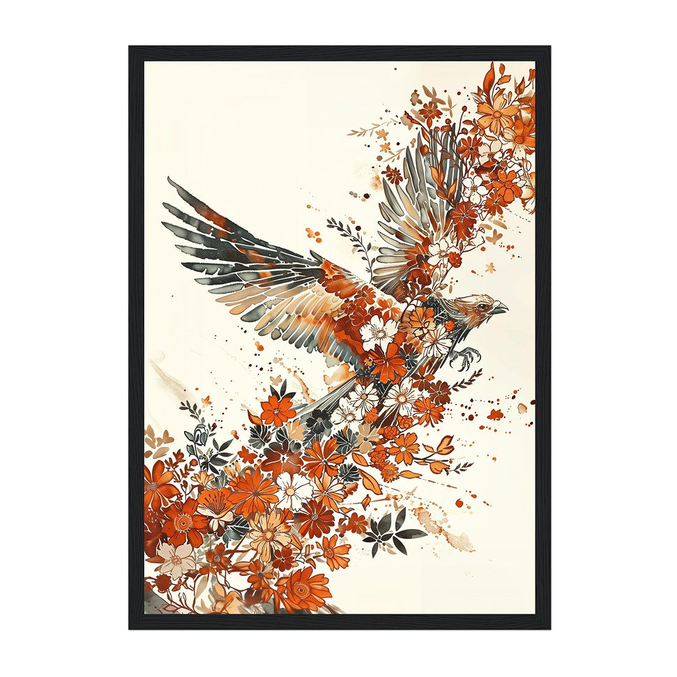 Botanical Watercolor Hawk Art Print: Burnt Orange Floral Bird Of Prey Decor