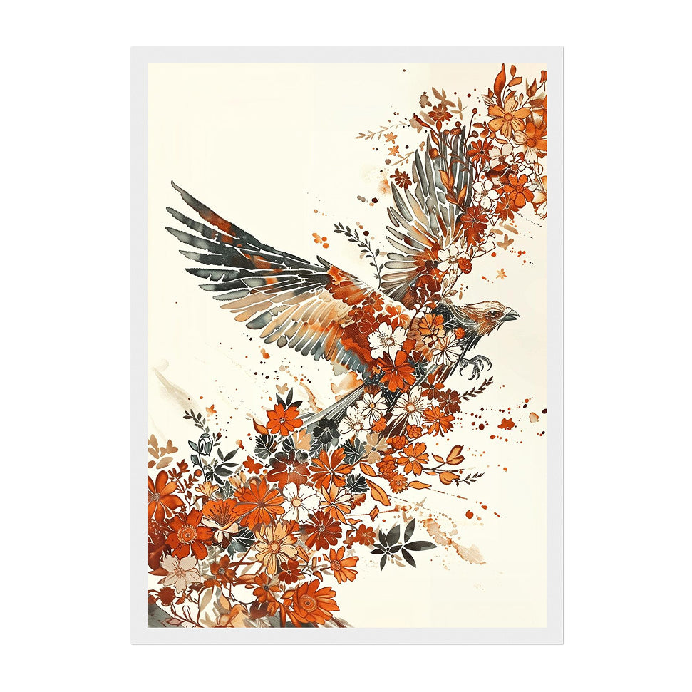Botanical Watercolor Hawk Art Print: Burnt Orange Floral Bird Of Prey Decor