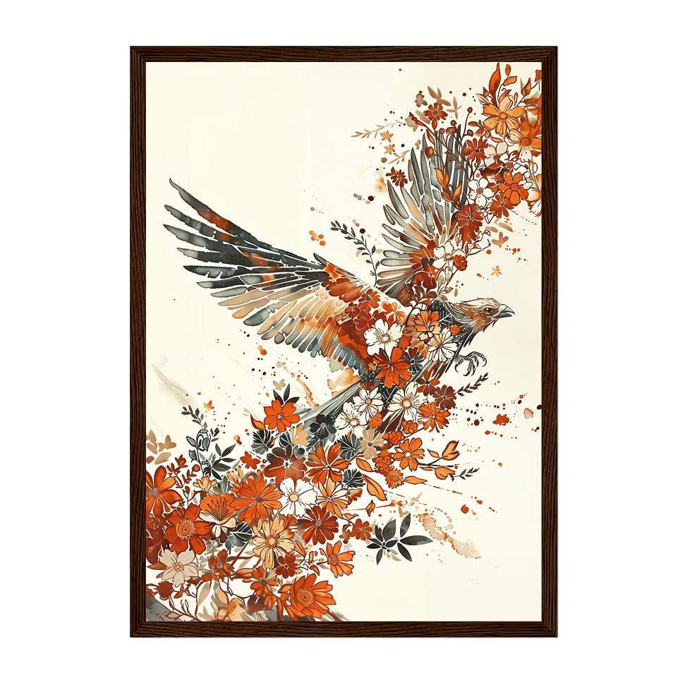 Botanical Watercolor Hawk Art Print: Burnt Orange Floral Bird Of Prey Decor