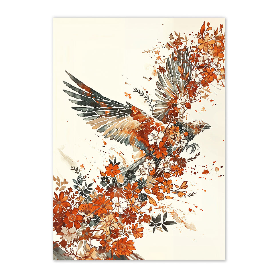 Botanical Watercolor Hawk Art Print: Burnt Orange Floral Bird Of Prey Decor