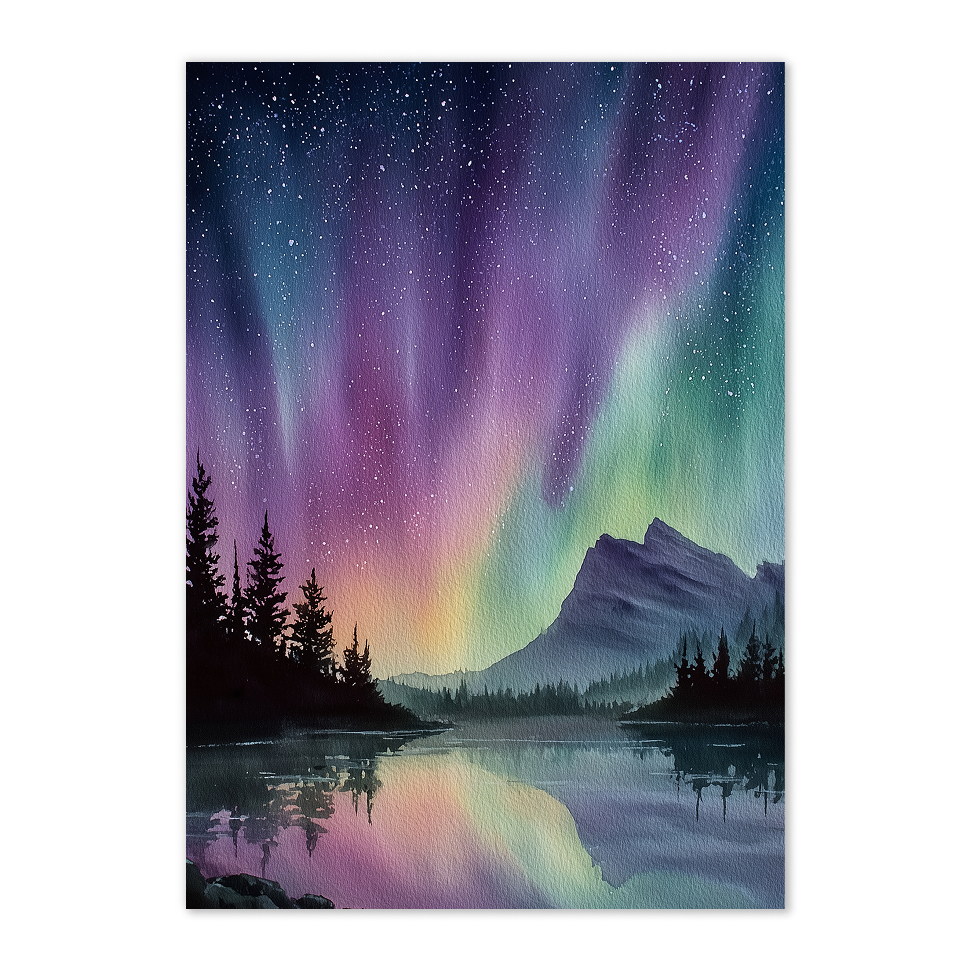 Watercolor Aurora Landscape Art Print: Purple Green Night Sky and Mountain Reflection